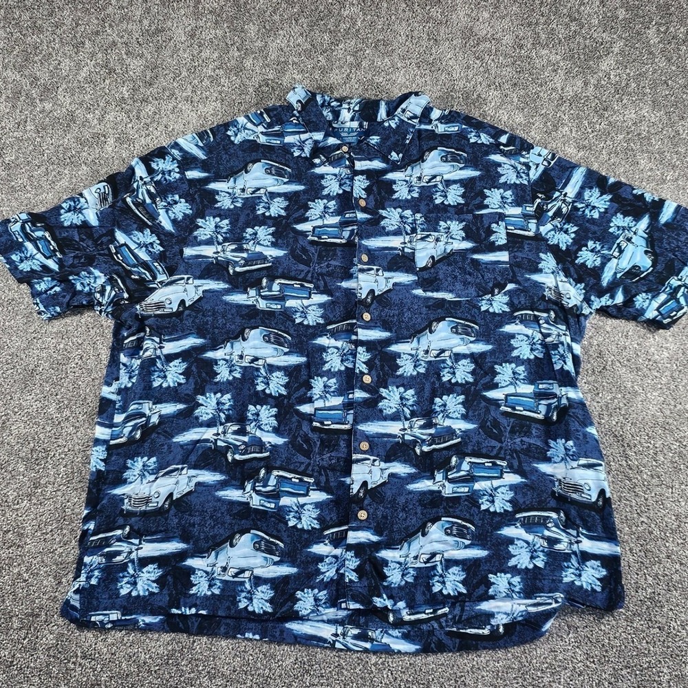 Vintage Puritan Hawaiian Aloha ButtonDown Shirt Mens 2XL DarkNavy Car Palm Tree